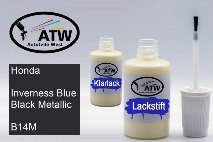 Honda, Inverness Blue Black Metallic, B14M: 20ml Lackstift + 20ml Klarlack - Set, von ATW Autoteile West.